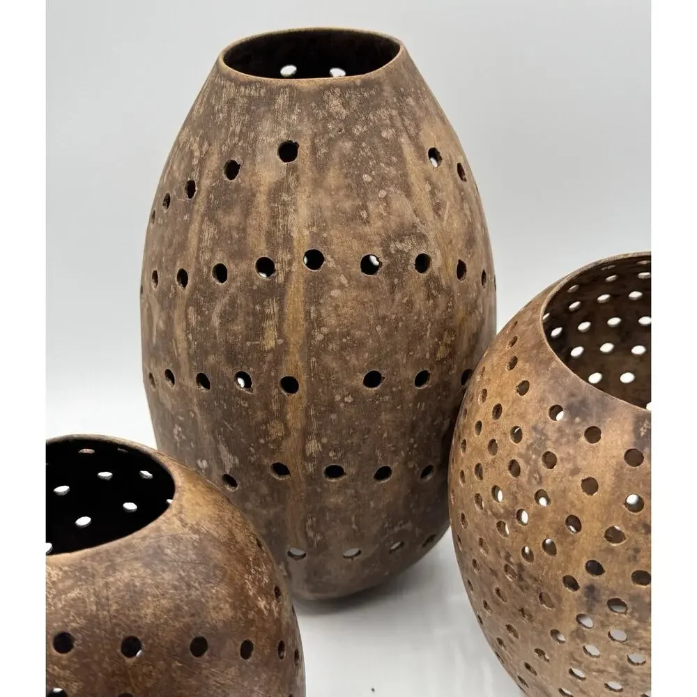 3 Piece Coconut Shell Candle Holders Set Hollow Pierced Handmade Natural Rustic